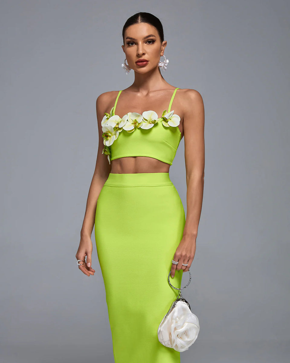 AMBIKA 3D Flower Orchid Top Bandage Skirt Set – PinkApple Dresses