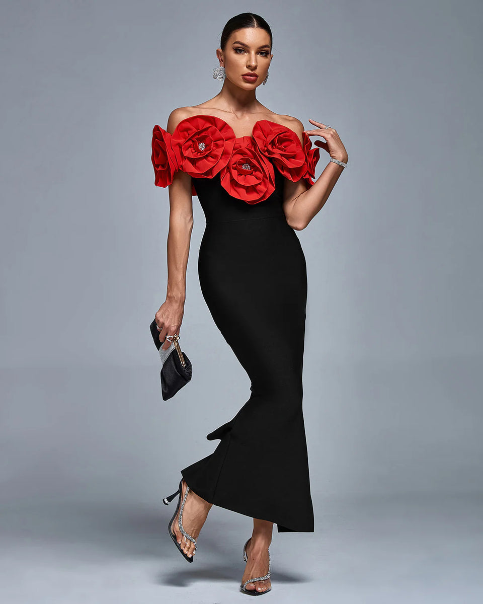 off shoulder bandage dress DIONE Off Shoulder Crystal Flowers Bandage Dress S