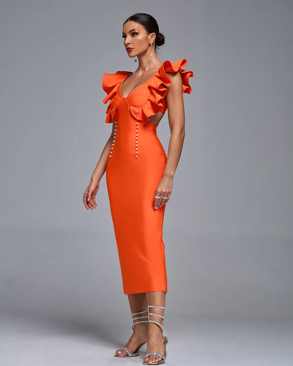 orange bandage dress FINULA V Neck Ruffle Pearl Midi Bandage Dress S