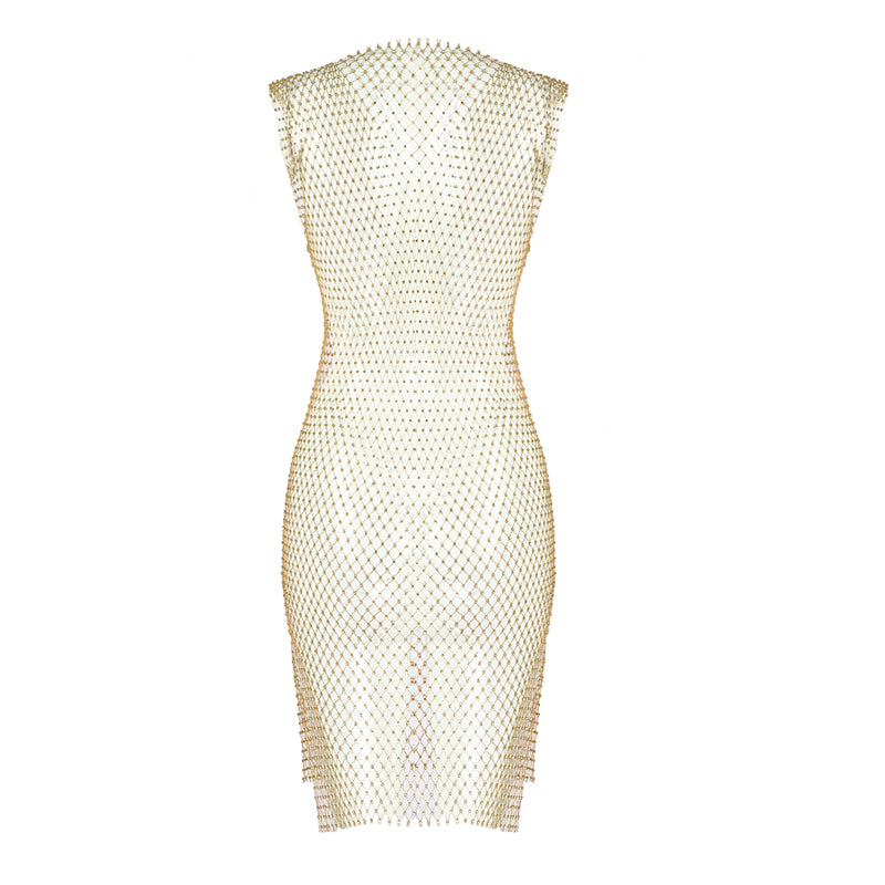 EVELINA Diamond Crystal Fishnet Grid Mini Dress Bikini Cover Up