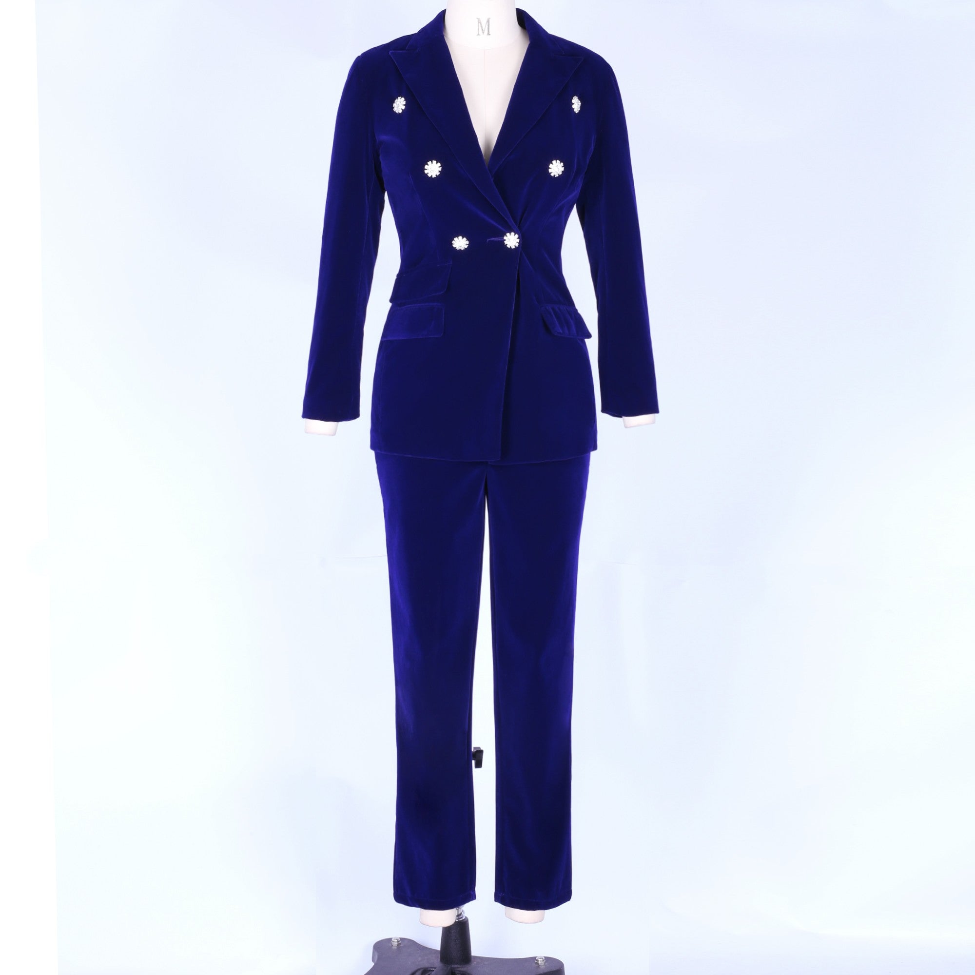 BERTA Blue V Neck Long Sleeve 2 Piece Suit