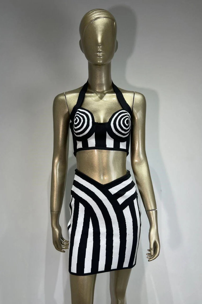 NEXT DAY DELIVERY ZERIAH HALTER NECK STRIPED TOP AND MINI SKIRT TWO PIECE SET