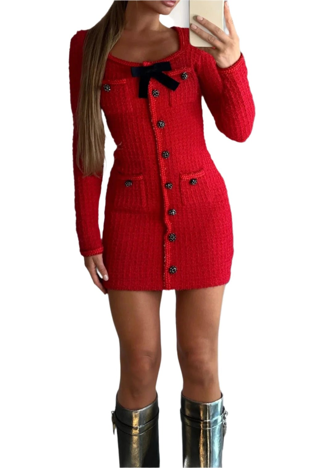 NEXT DAY DELIVERY IRINA BOW BUTTON KNIT MINI DRESS
