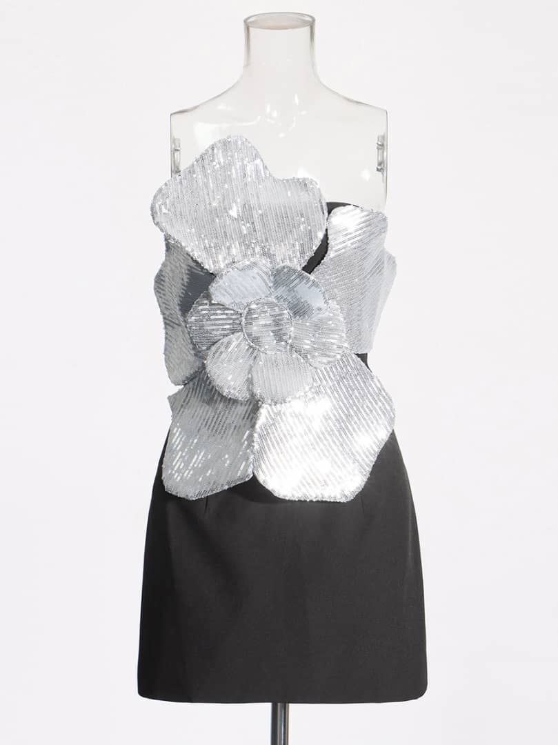 MONTI Big Silver Flower Mini Bodycon Dress