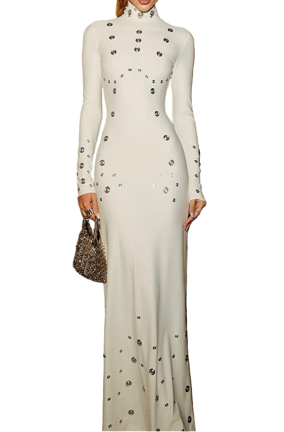 GUIDA Long Sleeve Metal Studs Bodycon Maxi Dress