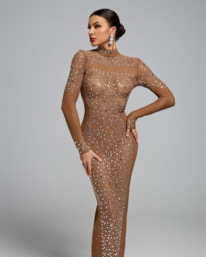 KASHVI High Neck Crystal Embroidery Bodycon Dress