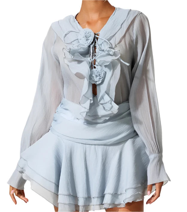 NEXT DAY DELIVERY ABBE Flowers Baby Blue Mini Skirt Set