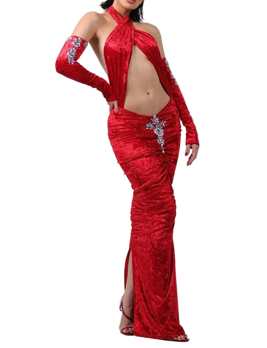 ACERINA Sexy Velvet Cut Out Maxi Dress