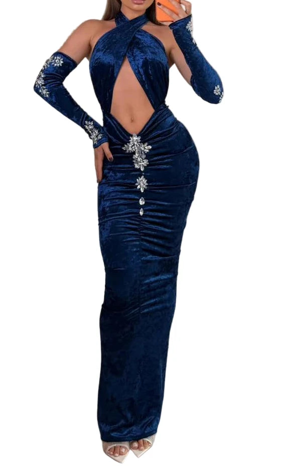ACERINA Sexy Velvet Cut Out Maxi Dress