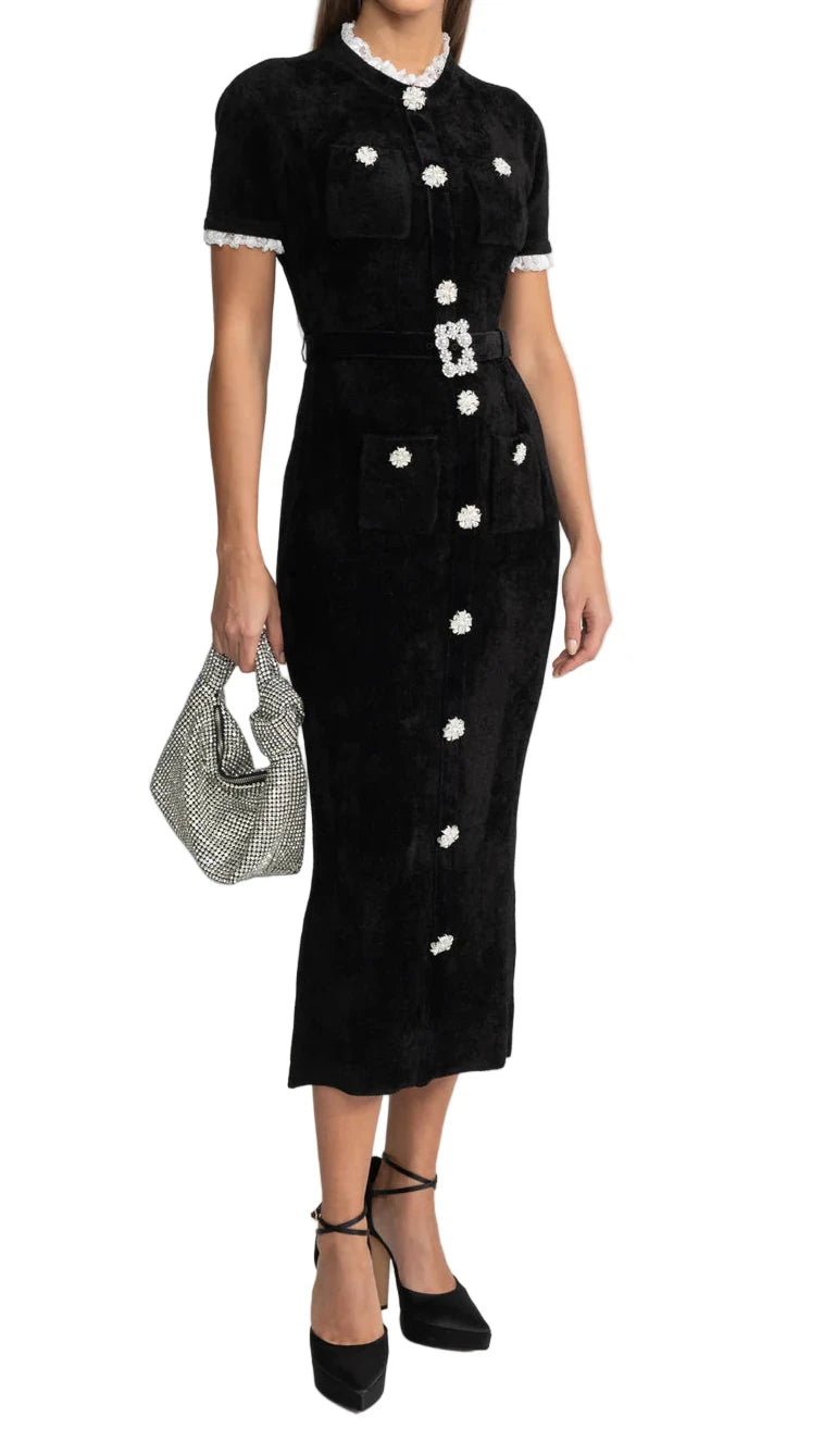 ADALIA Velvet Crystals Elegant Midi Bodycon Dress