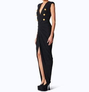 ADELA Gold Button Draped Maxi Dress