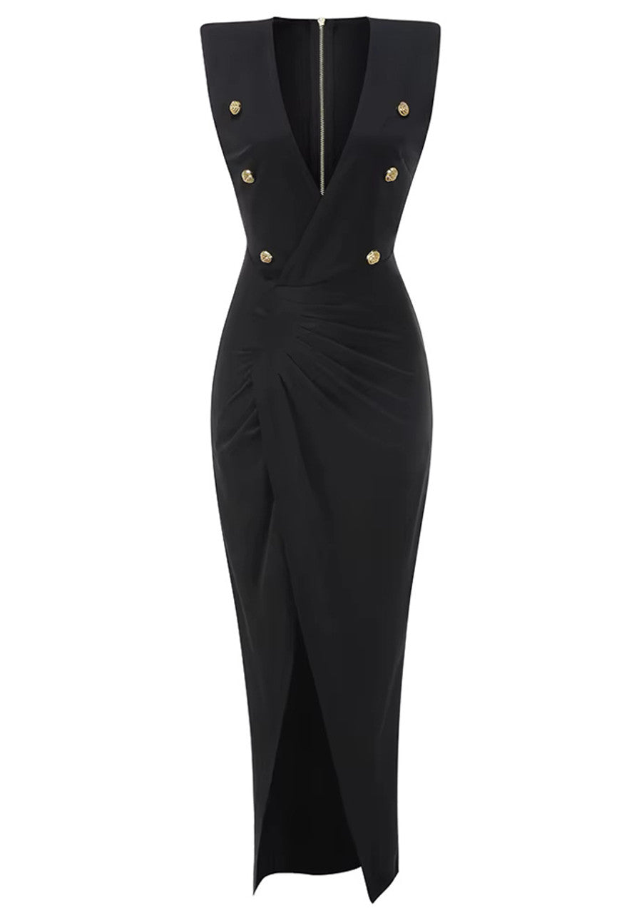 ADELA Gold Button Draped Maxi Dress