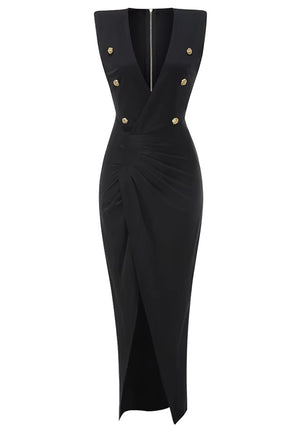 ADELA Gold Button Draped Maxi Dress