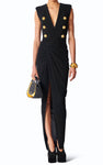 ADELA Gold Button Draped Maxi Dress