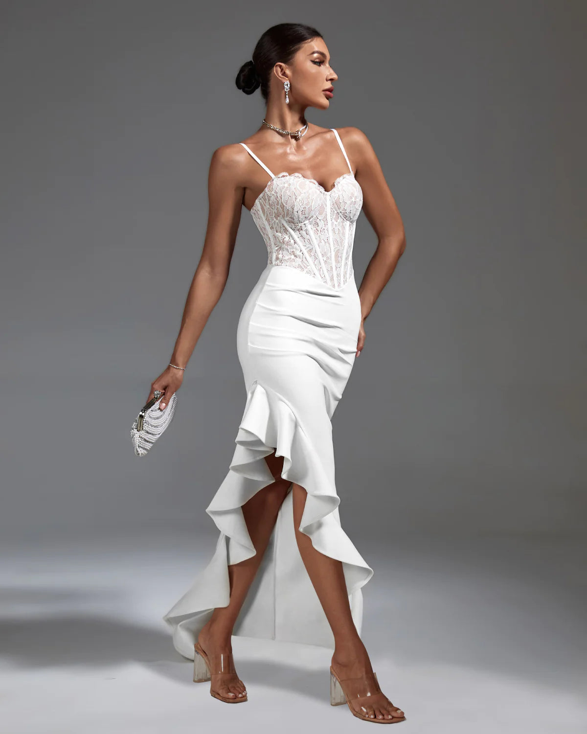 AGATA  White Lace Corset & Ruffled Bandage Dress