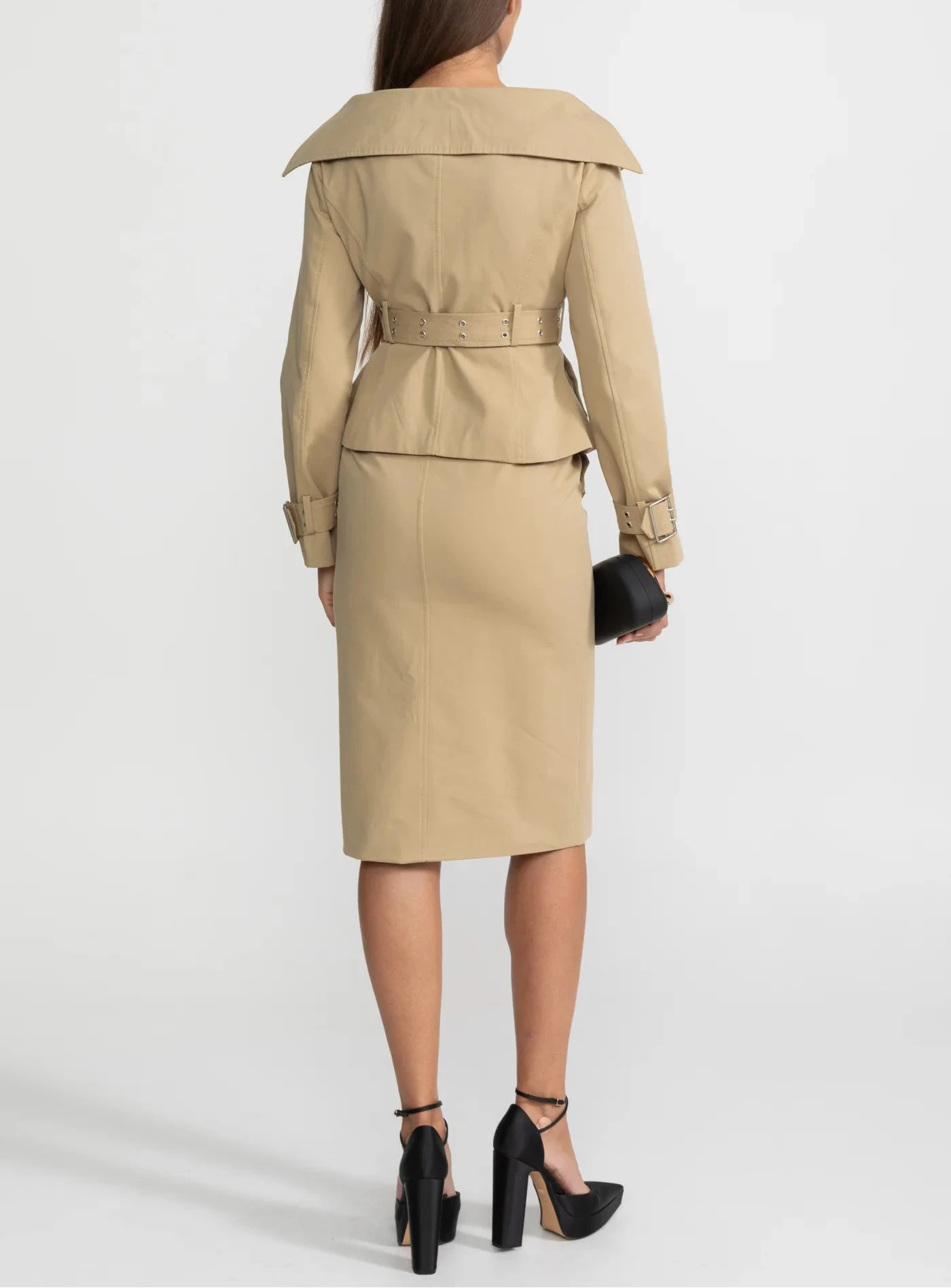 AHSEN OFF-SHOULDER TRENCH JACKET AND PENCIL SKIRT SET