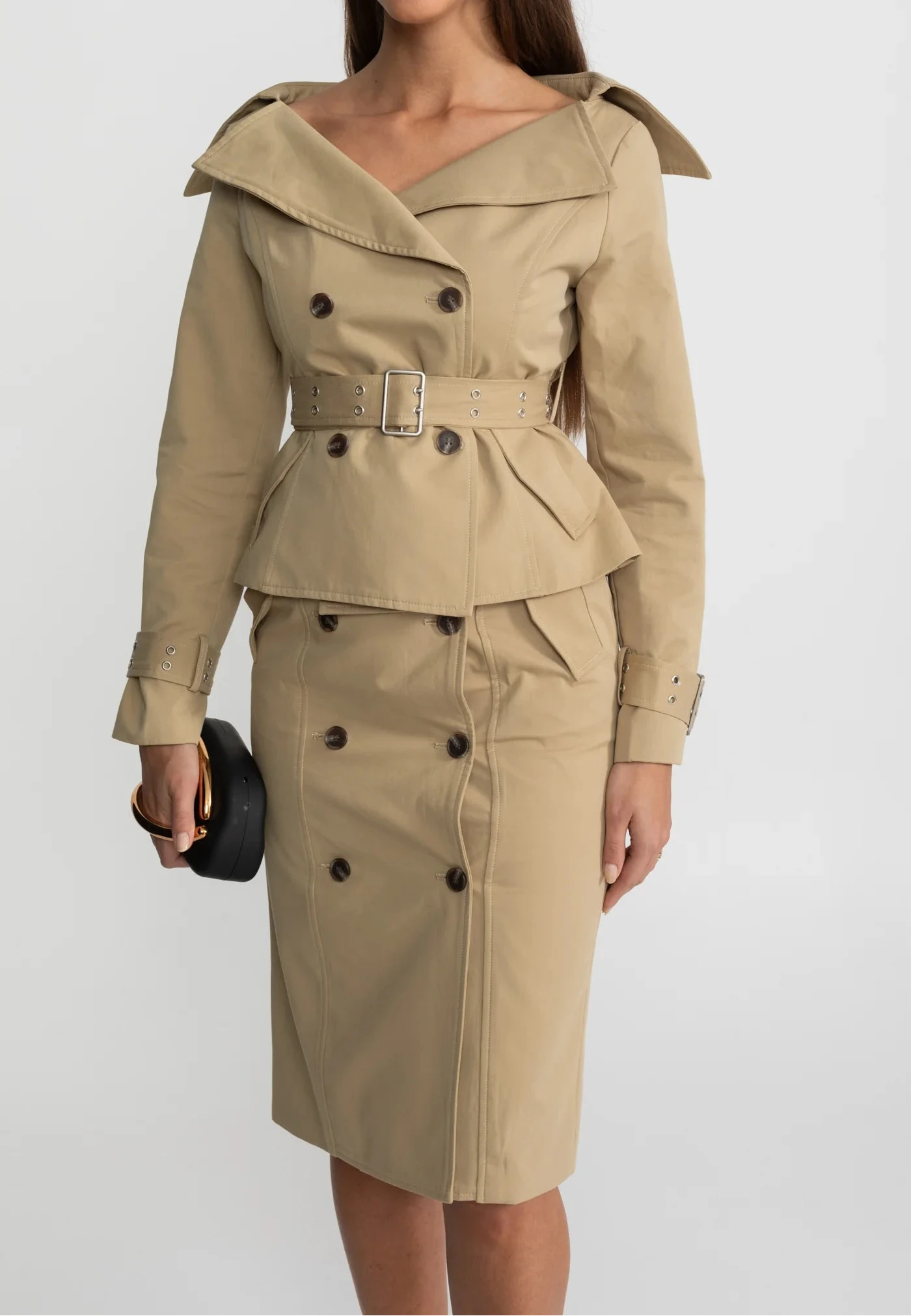 AHSEN OFF-SHOULDER TRENCH JACKET AND PENCIL SKIRT SET