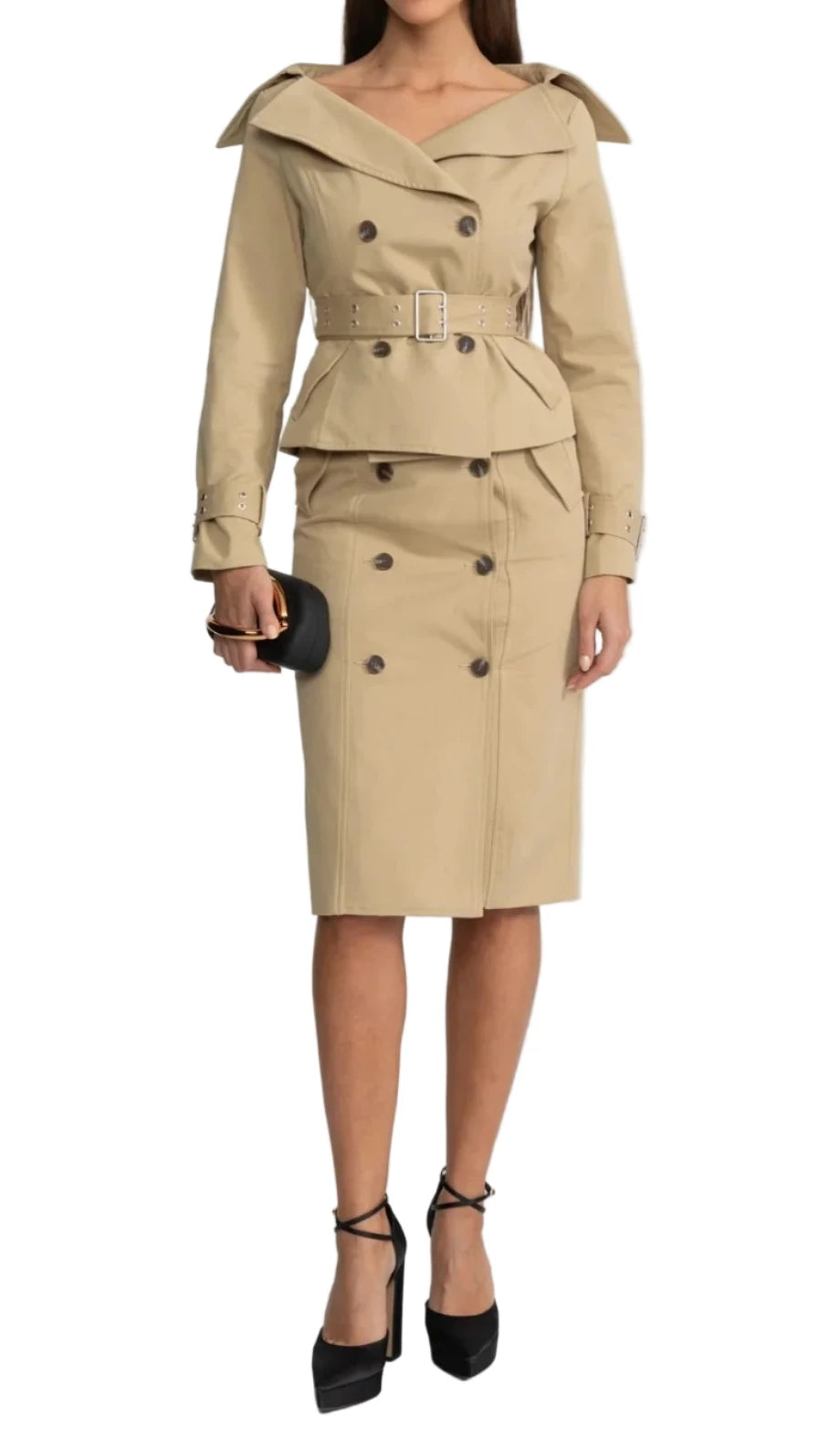 AHSEN OFF-SHOULDER TRENCH JACKET AND PENCIL SKIRT SET