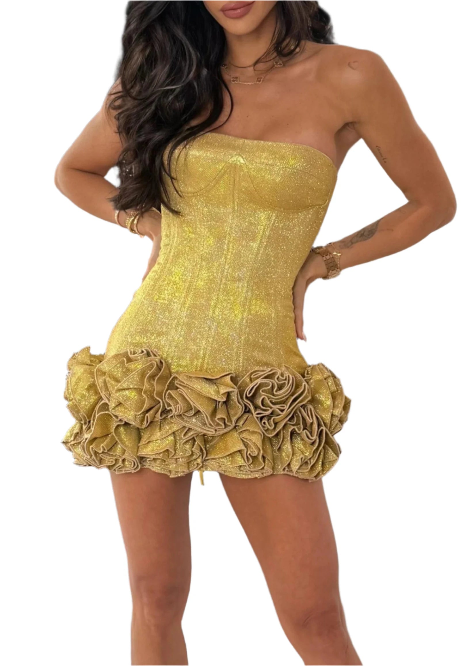 ALBERTINA Strapless Metallic Mini Flowers Bodycon Dress
