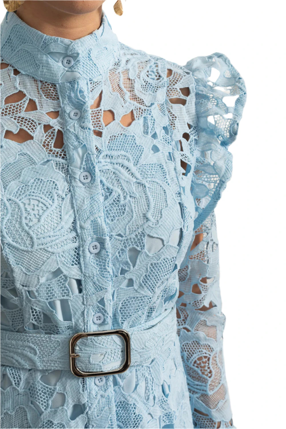 Light blue lace dress with a belt against a white background