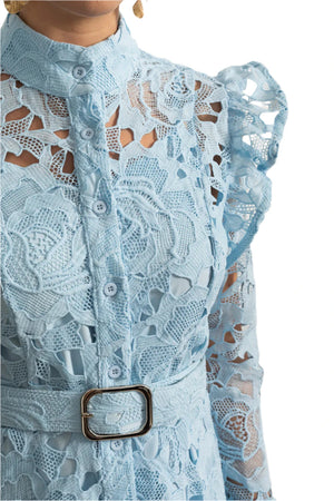 Light blue lace dress with a belt against a white background