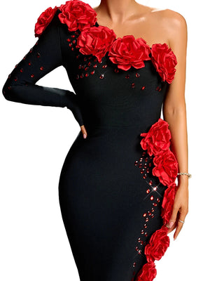 ALINA One Shoulder 3D Flowers Crystal Maxi Bandage Dress