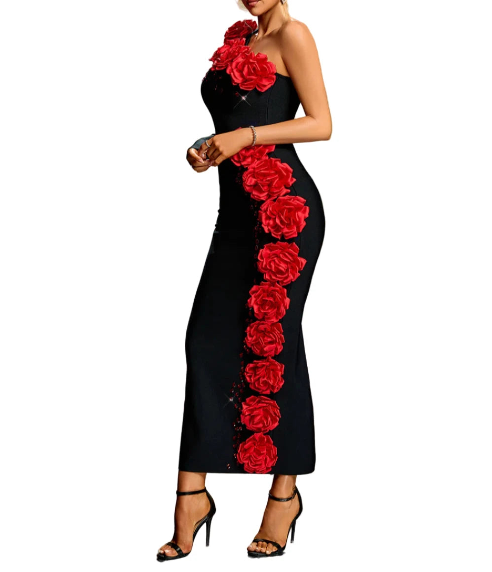 ALINA One Shoulder 3D Flowers Crystal Maxi Bandage Dress