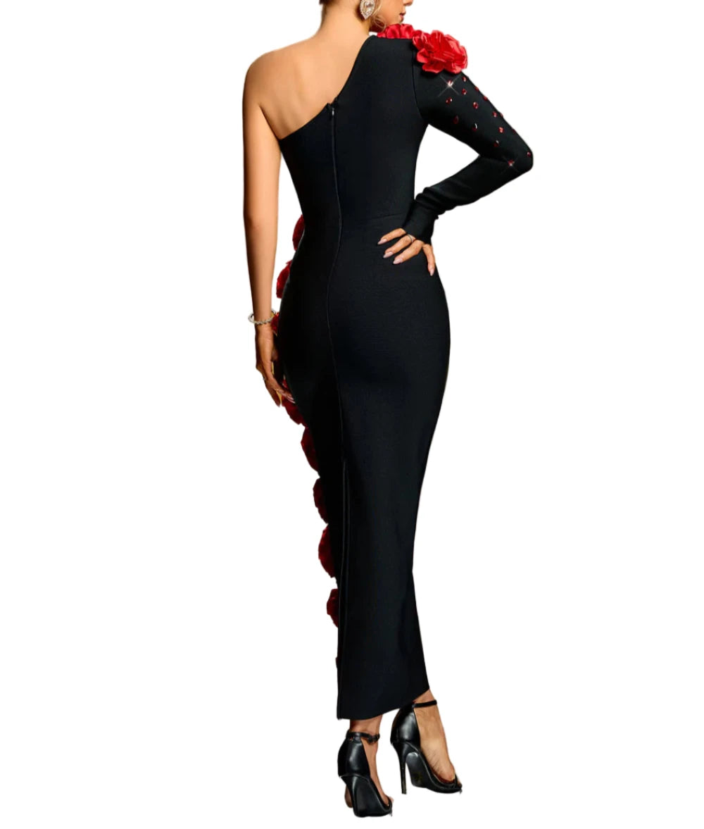 ALINA One Shoulder 3D Flowers Crystal Maxi Bandage Dress