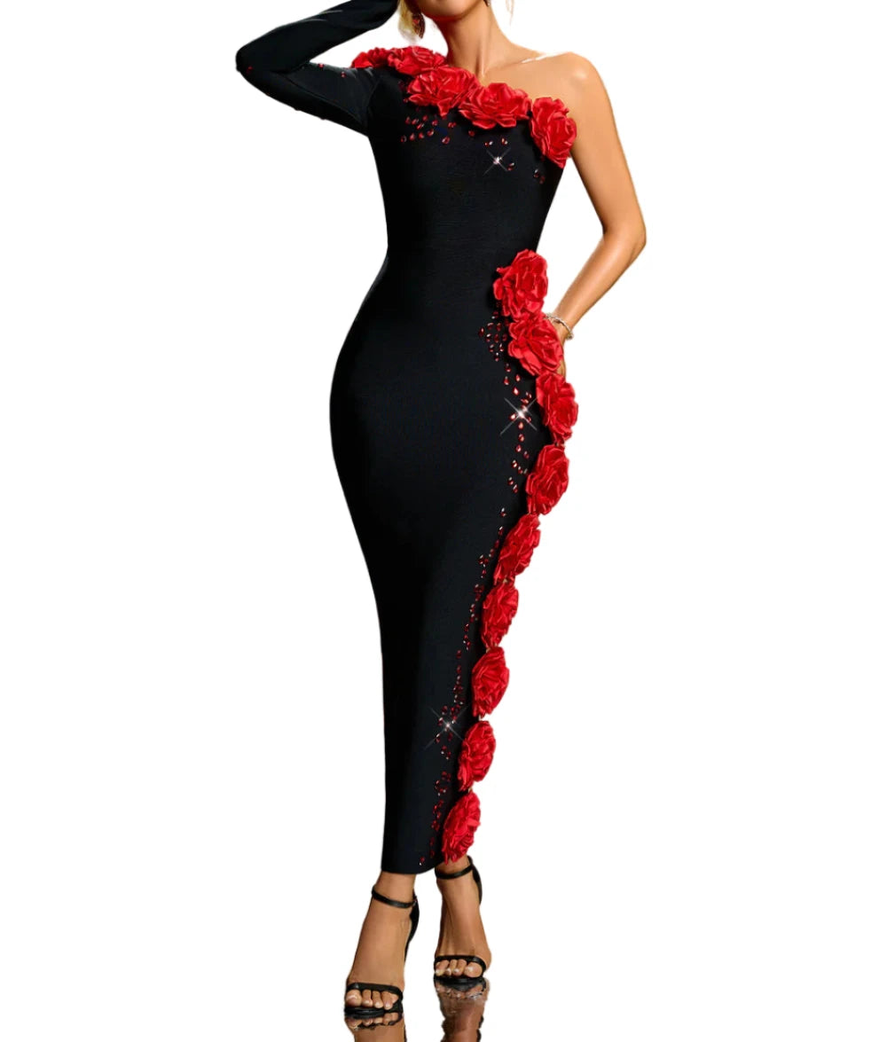 ALINA One Shoulder 3D Flowers Crystal Maxi Bandage Dress