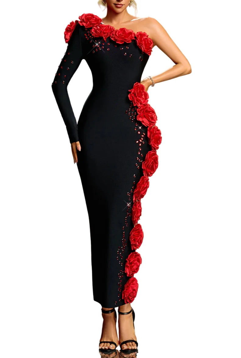 ALINA One Shoulder 3D Flowers Crystal Maxi Bandage Dress