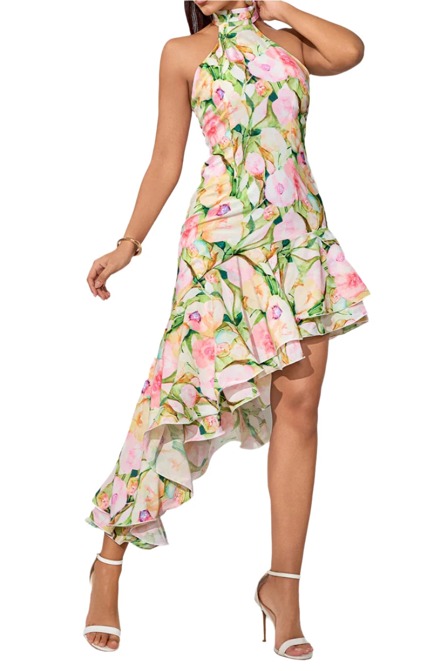 ALUHE Floral Asymmetric Backless Dress