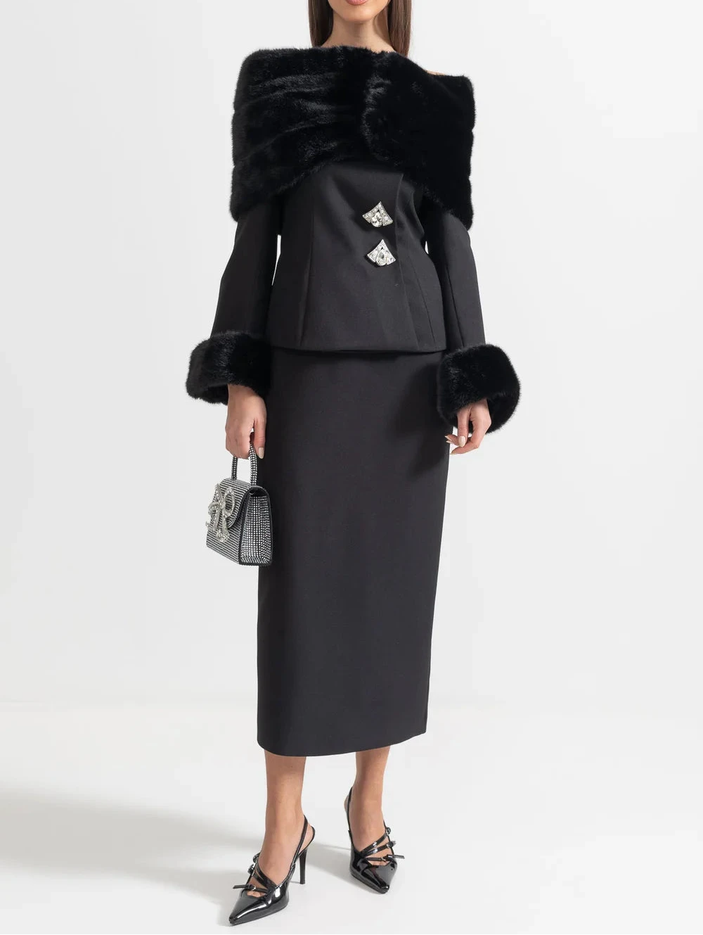 ALUHE Fur Crystals Midi Bodycon Set