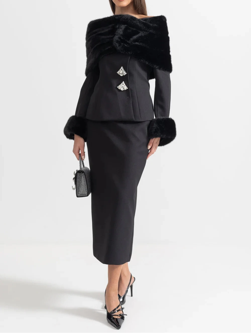 ALUHE Fur Crystals Midi Bodycon Set