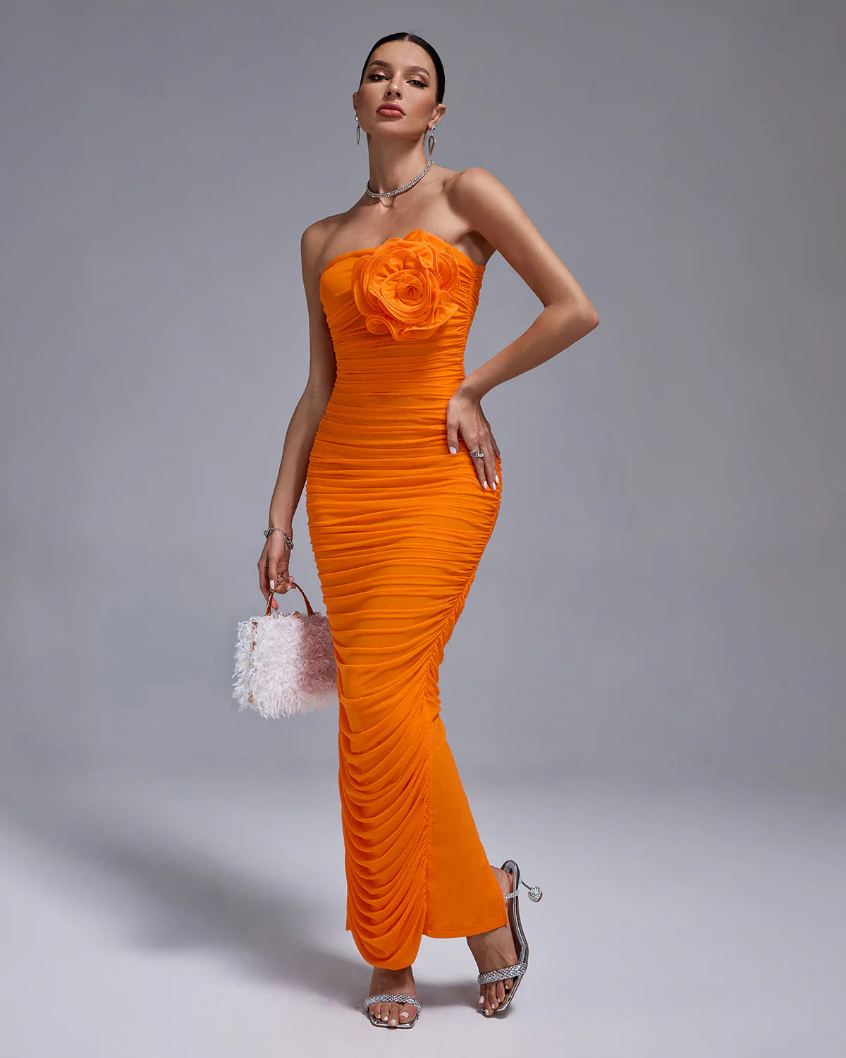 AMBER Open Back Ruched Flower Maxi Bodycon Dress