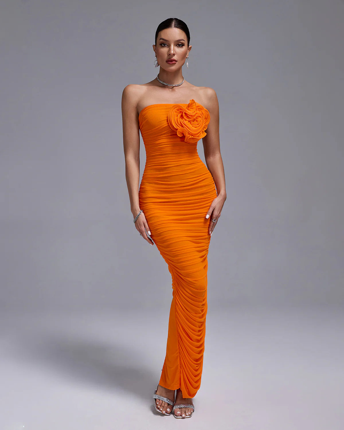 AMBER Open Back Ruched Flower Maxi Bodycon Dress