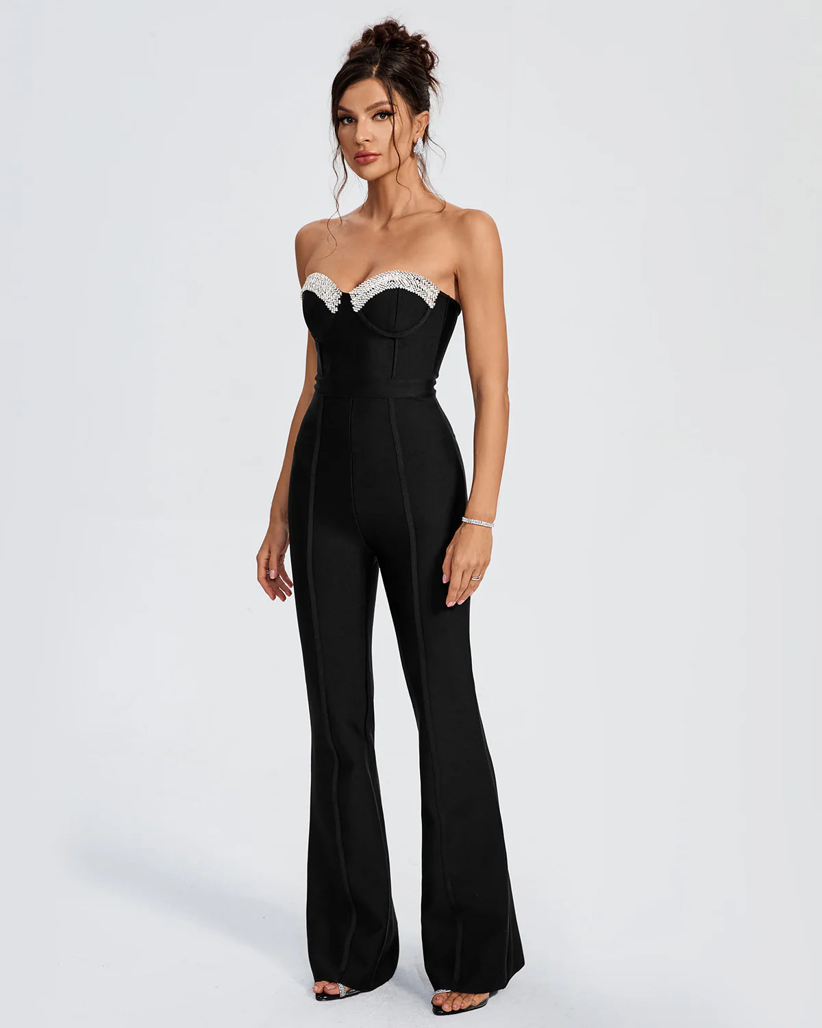 ANJALI Rhinestone Trim Open Back Bandage Jumpsuit