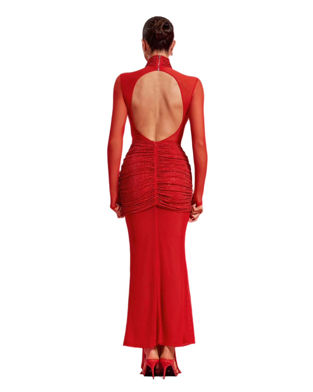 ruched open back maxi dress in red Ruched Open Back Maxi Dress in Red