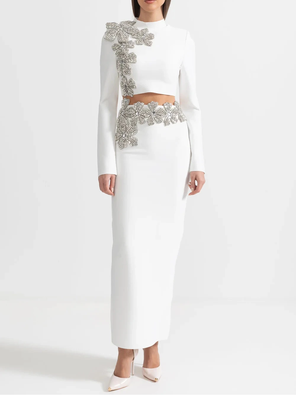 ARAIA BANDAGE DIAMOND FLOWER ACCENT  WITH LONG SLEEVES TOP AND MAXI SKIRT SET