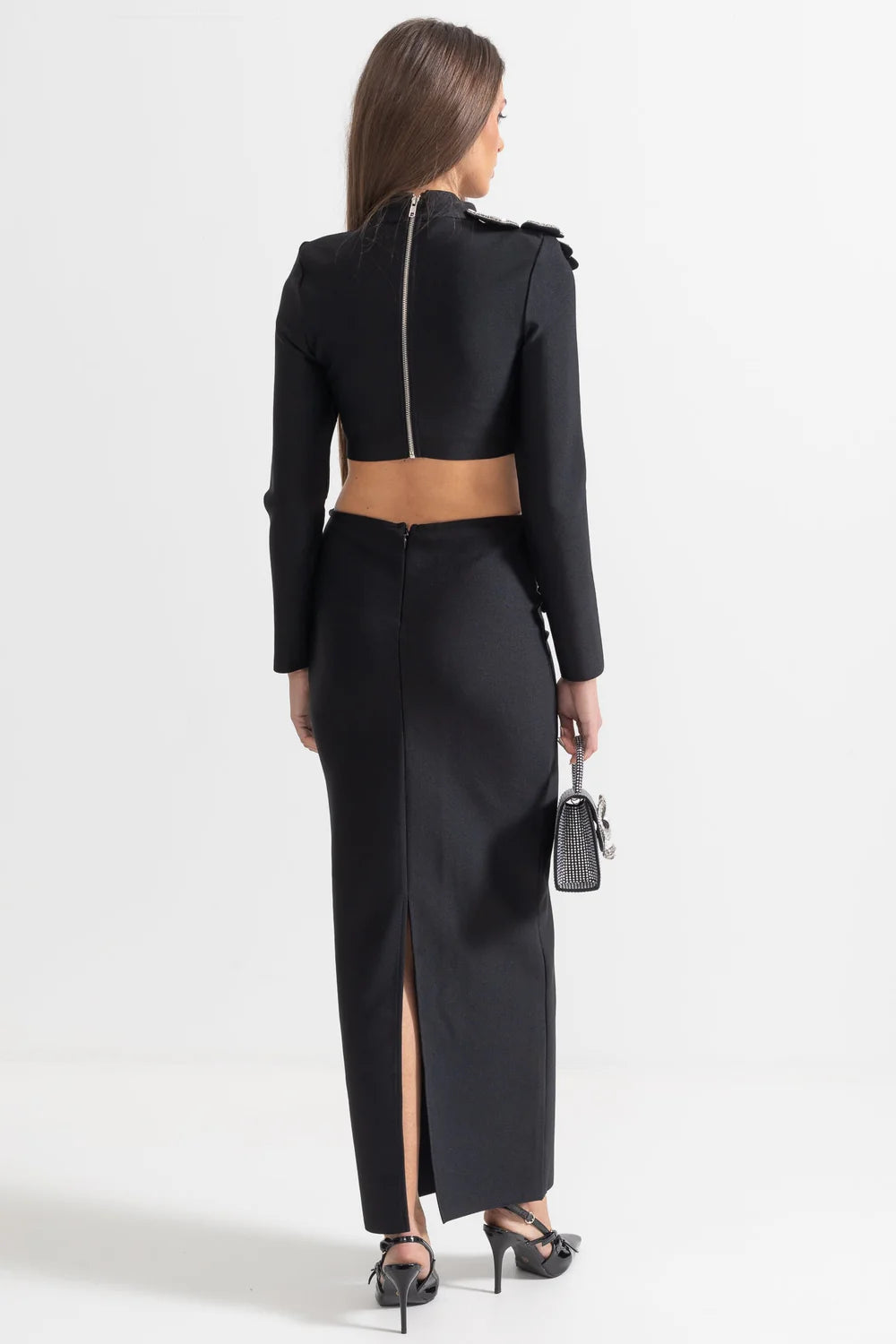 ARAIA BANDAGE DIAMOND FLOWER ACCENT  WITH LONG SLEEVES TOP AND MAXI SKIRT SET