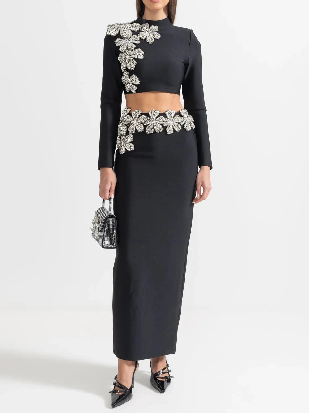 ARAIA BANDAGE DIAMOND FLOWER ACCENT  WITH LONG SLEEVES TOP AND MAXI SKIRT SET