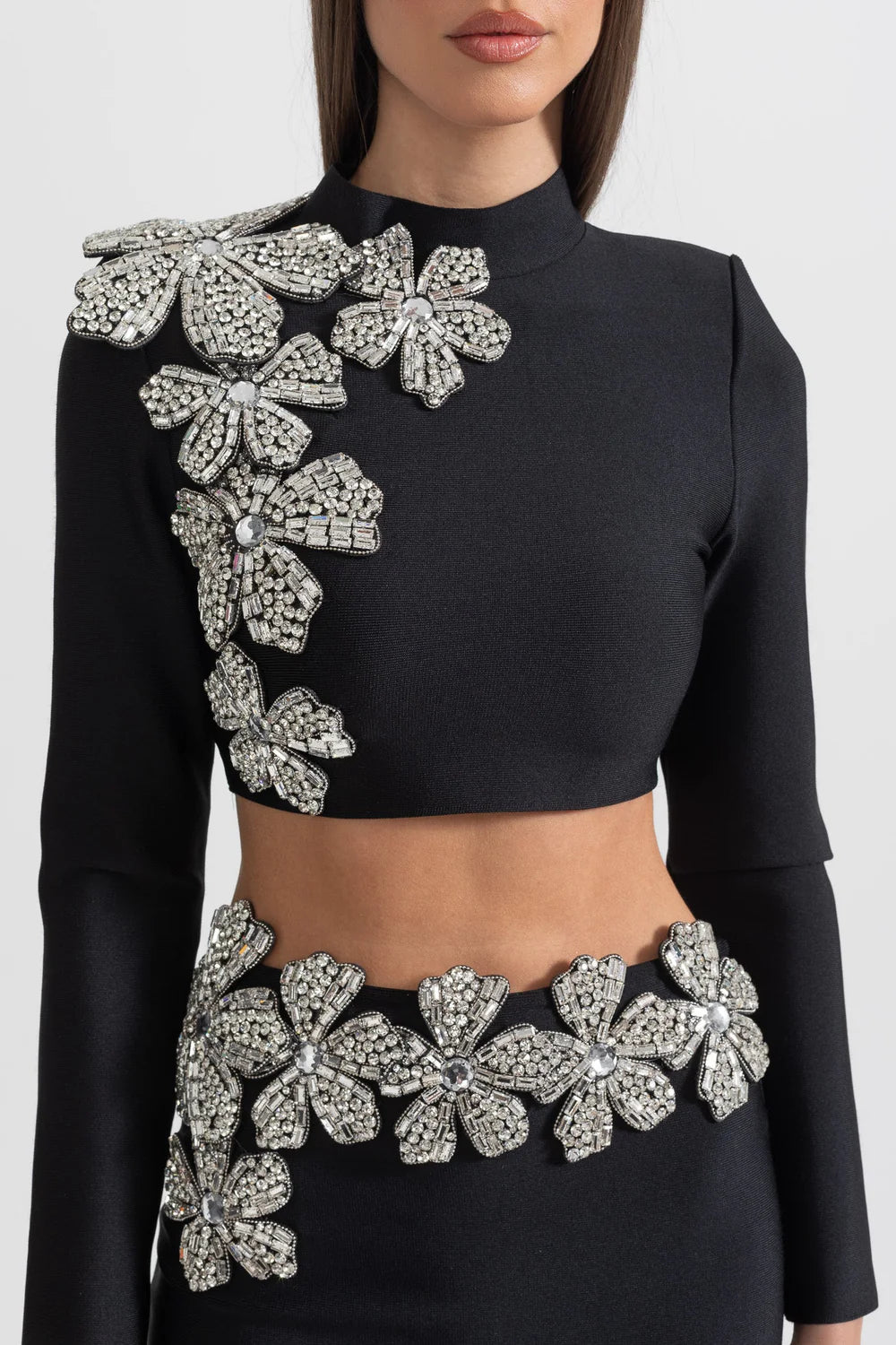 ARAIA BANDAGE DIAMOND FLOWER ACCENT  WITH LONG SLEEVES TOP AND MAXI SKIRT SET