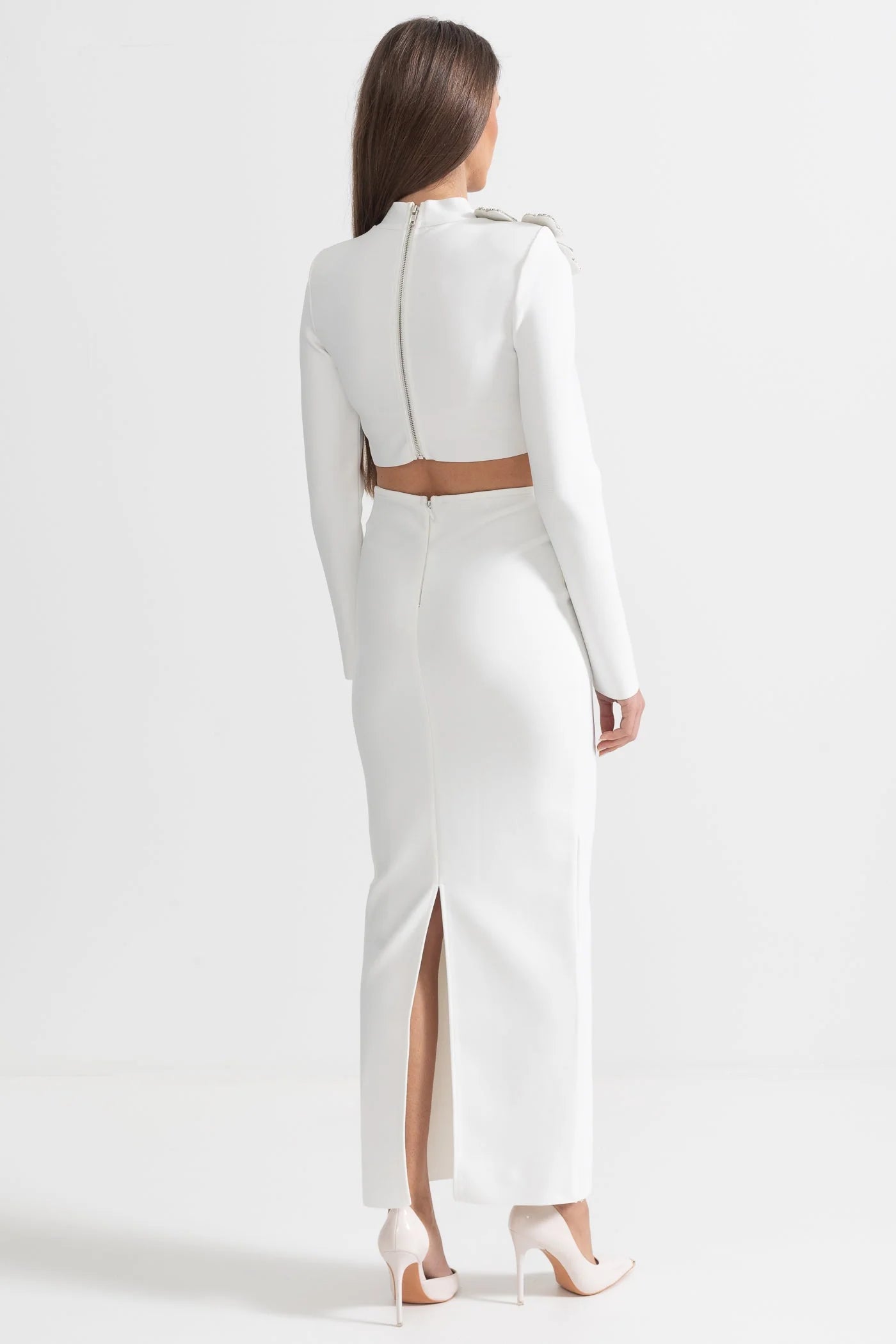 ARAIA BANDAGE DIAMOND FLOWER ACCENT  WITH LONG SLEEVES TOP AND MAXI SKIRT SET