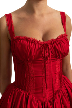 Red dress with lace detailing on a neutral background