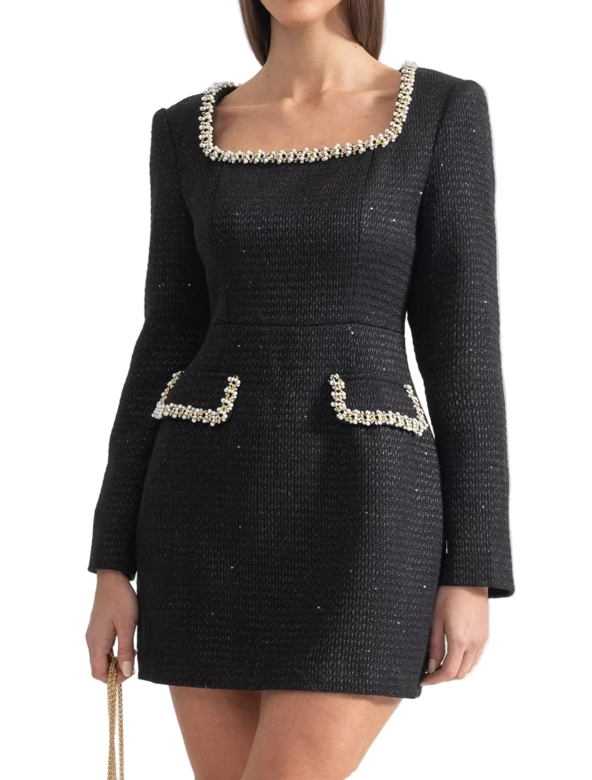 BARBARA KNIT SQUARE NECKLINE AND SILVER DETAILING MINI DRESS
