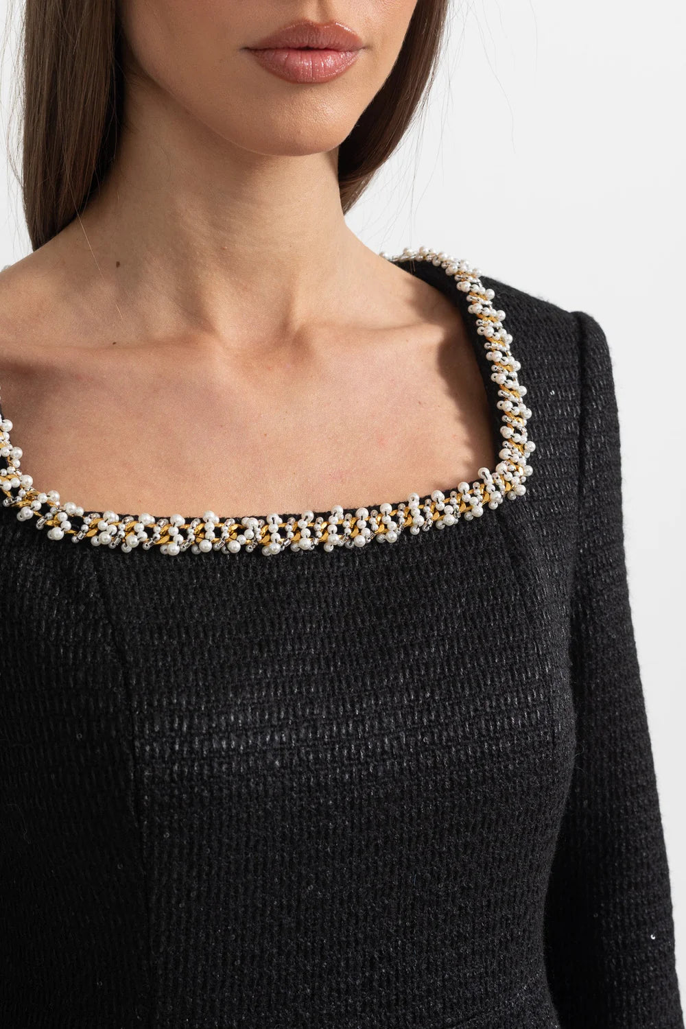 BARBARA KNIT SQUARE NECKLINE AND SILVER DETAILING MINI DRESS