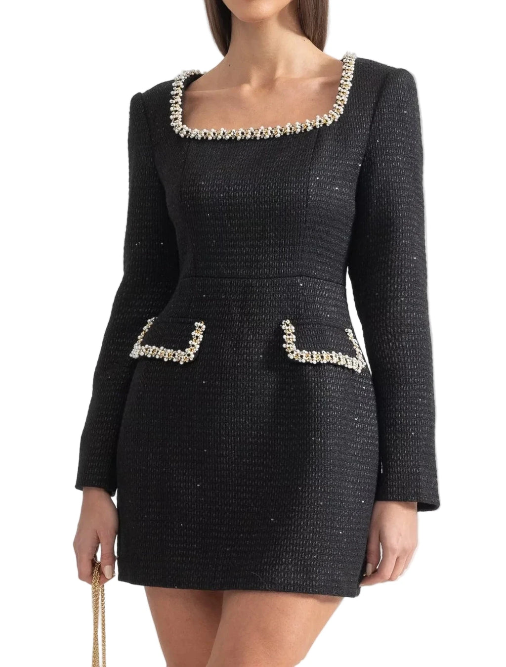 BARBARA KNIT SQUARE NECKLINE AND SILVER DETAILING MINI DRESS