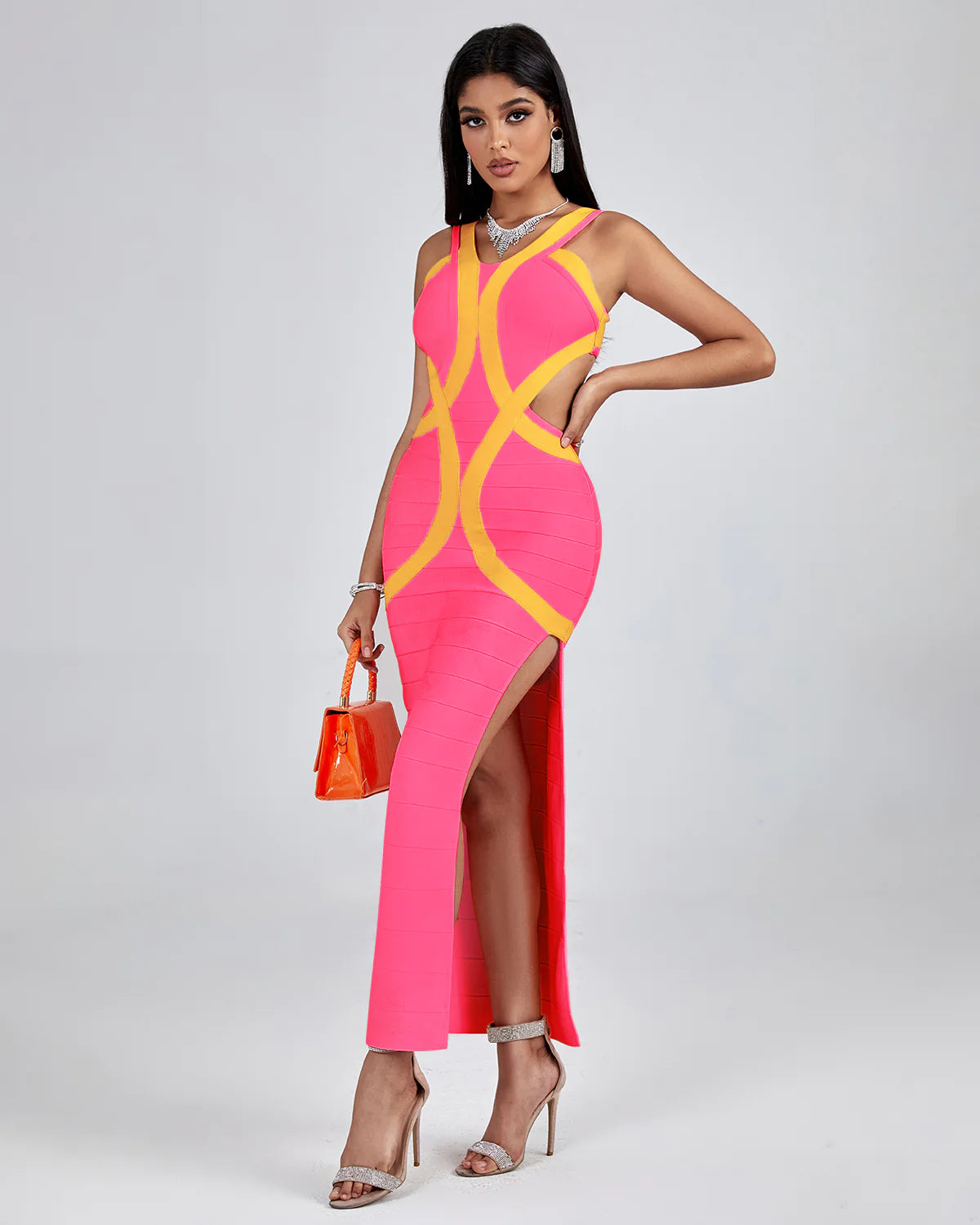 BATOR Peach Cutout Maxi Bandage Dress