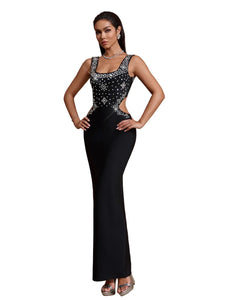 belisas formal dresses BELISA Luxury Black Crystal Embellished Cut Out Maxi Dress XS