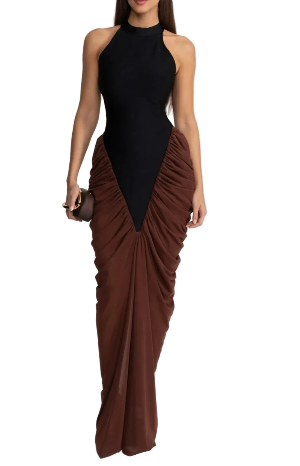 BEREN Contrasting Ruched Maxi Bodycon Dress
