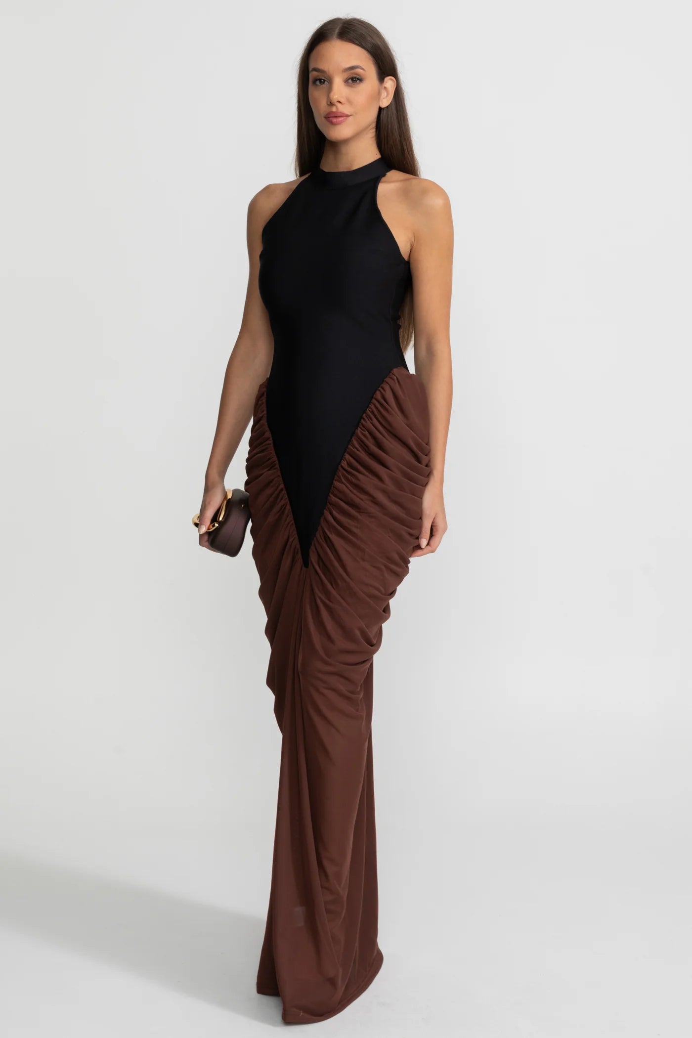 BEREN Contrasting Ruched Maxi Bodycon Dress